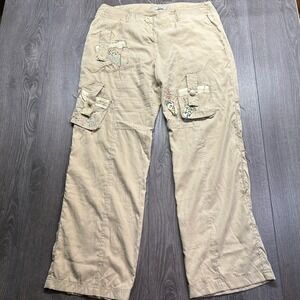 Y2K Khaki Cargo Pants Embroidered Crochet Embellished Low Rise Size 10